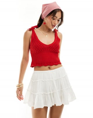 Miss Selfridge crochet tie shoulder cami top in red