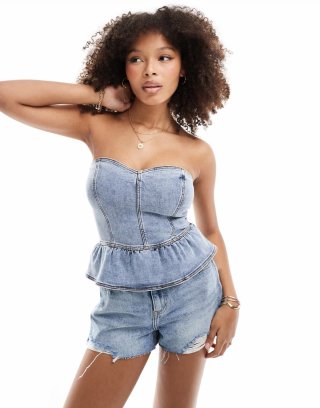 Miss Selfridge denim peplum bandeau top in bleach wash