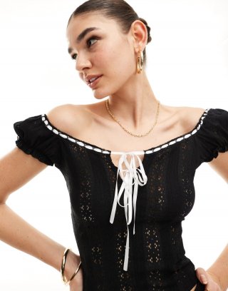 Miss Selfridge milkmaid top in white with contrast ribbons in black