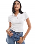 Miss Selfridge pointelle tipped polo top in ivory