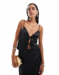 Miss Selfridge satin tie front cami top in black