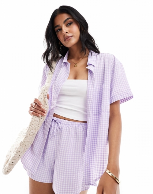 Miss Selfridge short sleeve resort shirt in lilac gingham - part of a set