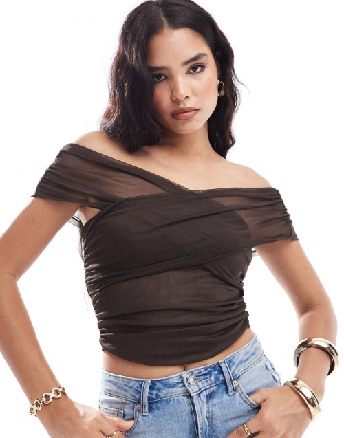 Miss Selfridge ruched off shoulder top in chocolate