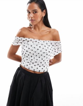 Miss Selfridge ruched off shoulder top in polka dot