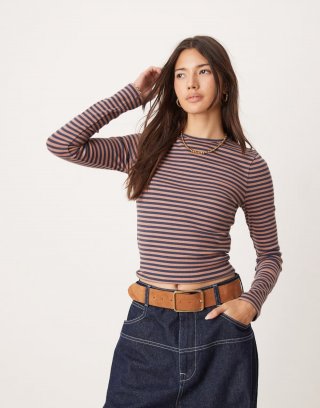 Miss Selfridge long sleeve ribbed crew neck top in navy and brown stripe