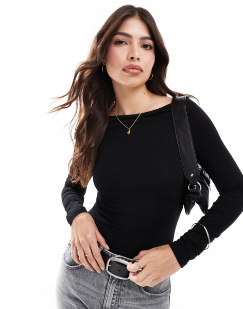 Miss Selfridge long sleeve boat neck bodysuit in black