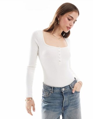 Miss Selfridge long sleeve scoop neck henley snap bodysuit in ivory