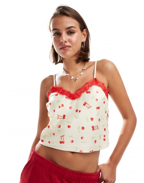 Miss Selfridge satin cami top with lace trim in cherry print