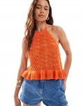 Miss Selfridge crochet halter neck top in orange