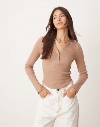 Miss Selfridge henley long sleeve top with poppers in ginger snap