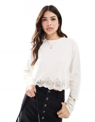 Miss Selfridge long sleeve lace hem detail top in cream