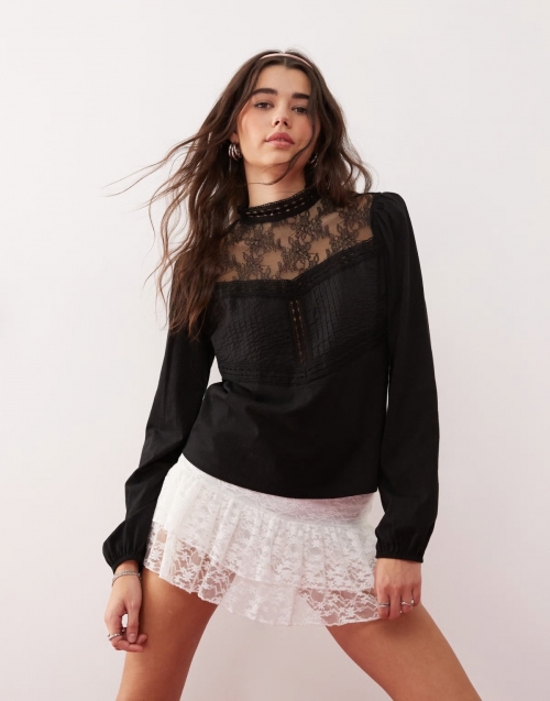 Miss Selfridge lace insert pintuck detail blouse in black