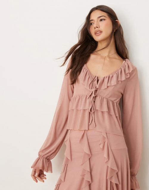 Miss Selfridge frill detail long sleeve blouse in blush