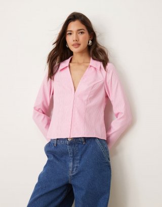 Miss Selfridge poplin fitted shirt in pink stripe